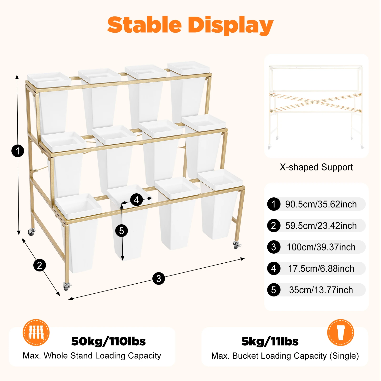 Three Layers Flower Display Rack Gold Plant Stand One Layer with Four White Square Buckets (12 Small Buckets+Rack)