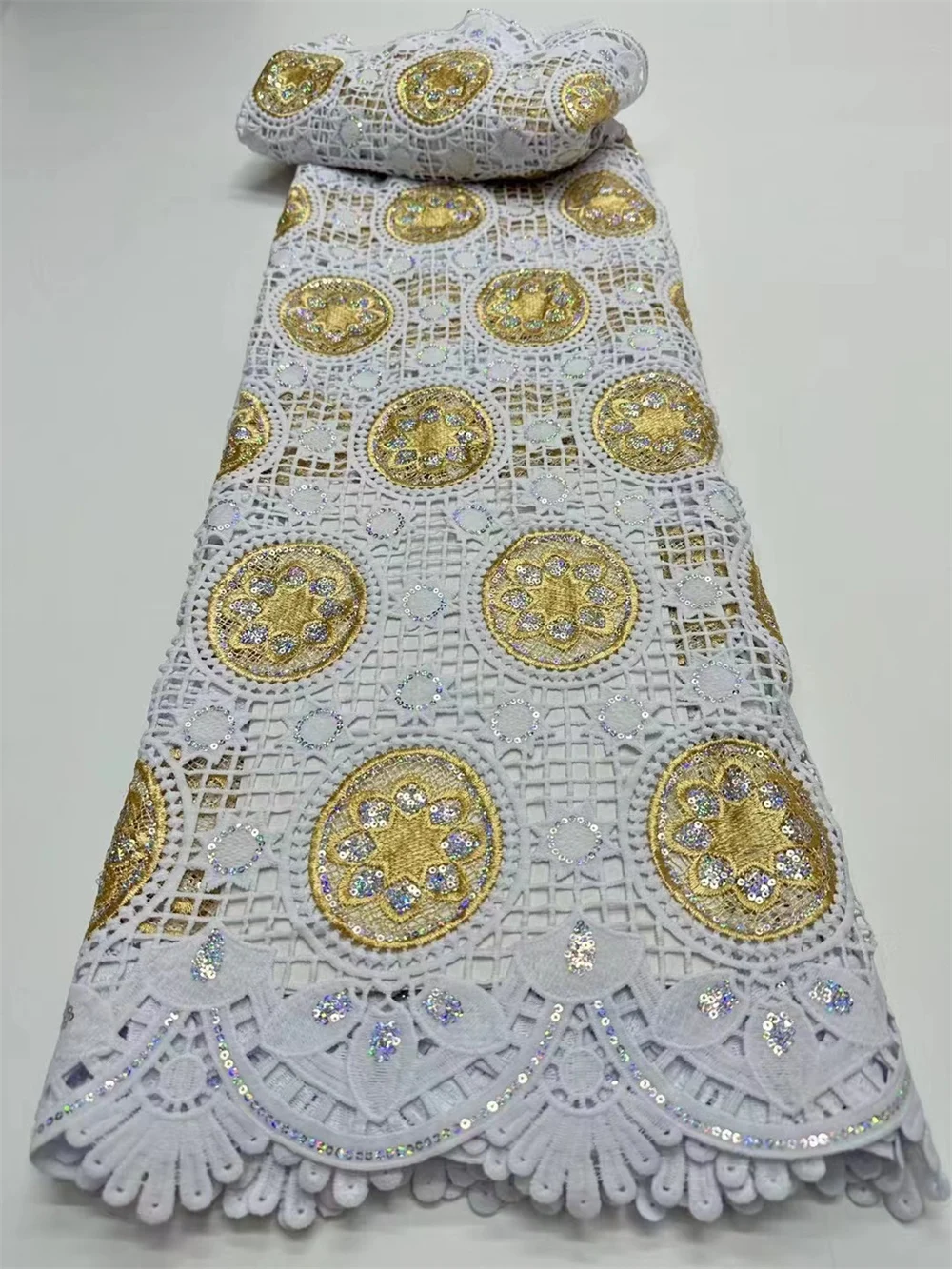 

White and gold African Guipure Cord Lace Fabric With Sequins Nigerian Guipure Cord Lace Fabric High Quality For Wedding Party