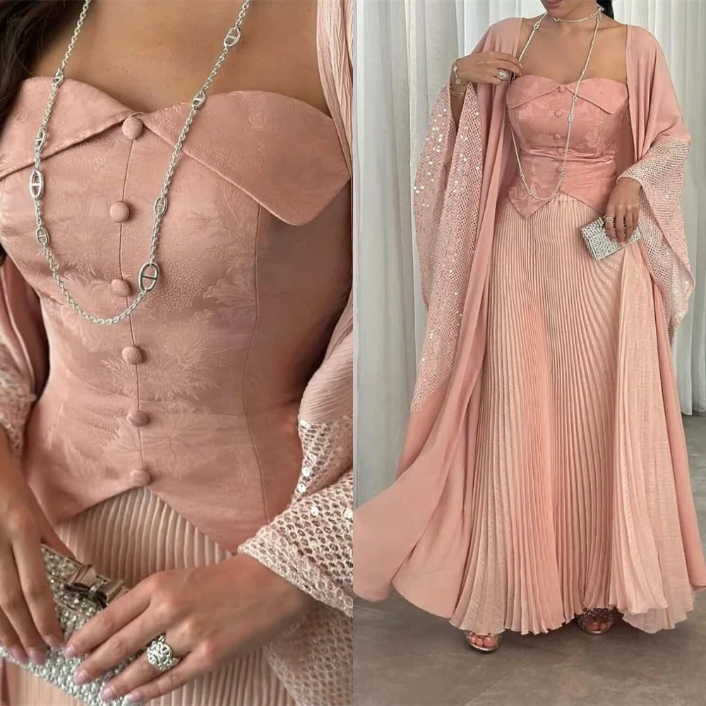 

Customized Delicate pink Chiffon Evening Dress Elegant Graceful Strapless Shawl Sleeveless Homecoming Dress Classic Party Dress