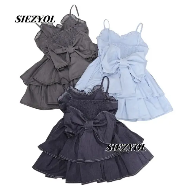 Sweet and Cute Girl Bow Puffy Denim Strap Mini Dress Summer New Versatile High Waist Slimming Short Sleeveless Dresses