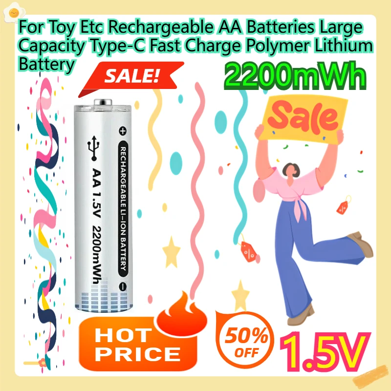 

For Toy Etc Rechargeable AA Batteries Large Capacity Type-C Fast Charge Polymer Lithium Battery 2200mWh 1.5V