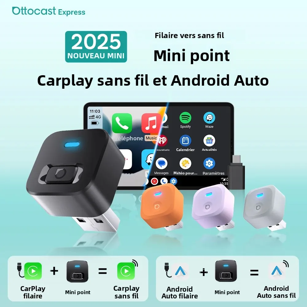 Ottocast Mini Dot Express 2 en 1 sans fil CarPlay Android Auto adaptateur Plug Play connexion rapide USB Dongle pour Benz Audi Toyota