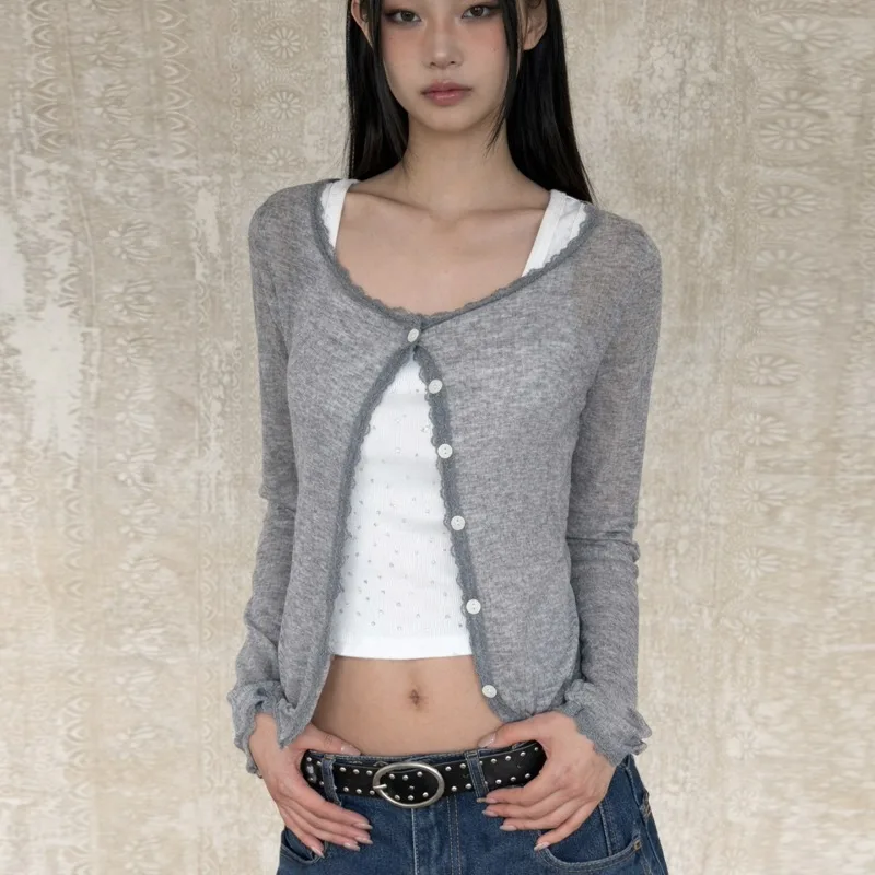 Vintage Lace Patchwork Women Knitted Cardigan Long Sleeve Lightweight Casual Sweater Cardigan Harajuku Korean Fashion