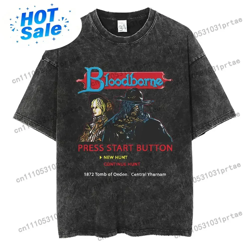 Camiseta Vintage Lavada con Estampado de Bloodborne Horror Hunter Press Start Button para Hombre y Mujer, Camisetas Casuales de Algodón, Retro, Negras