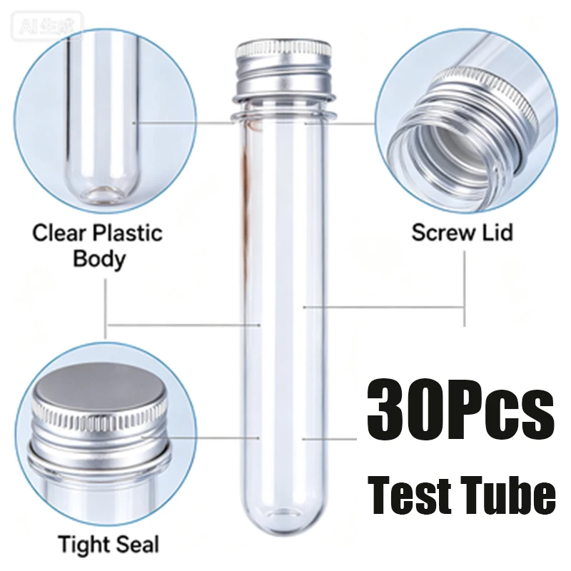 30Pcs Non-Glass Clear Plastic Test Tubes, Aluminum Caps Sample Collection Storage Containers
