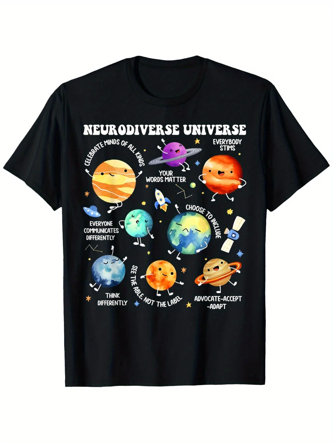 Neurodiverse Universe Autism Awareness T-Shirt - 100% Cotton Black Tee with Colorful Celestial Design & Inspirational Traits, Re