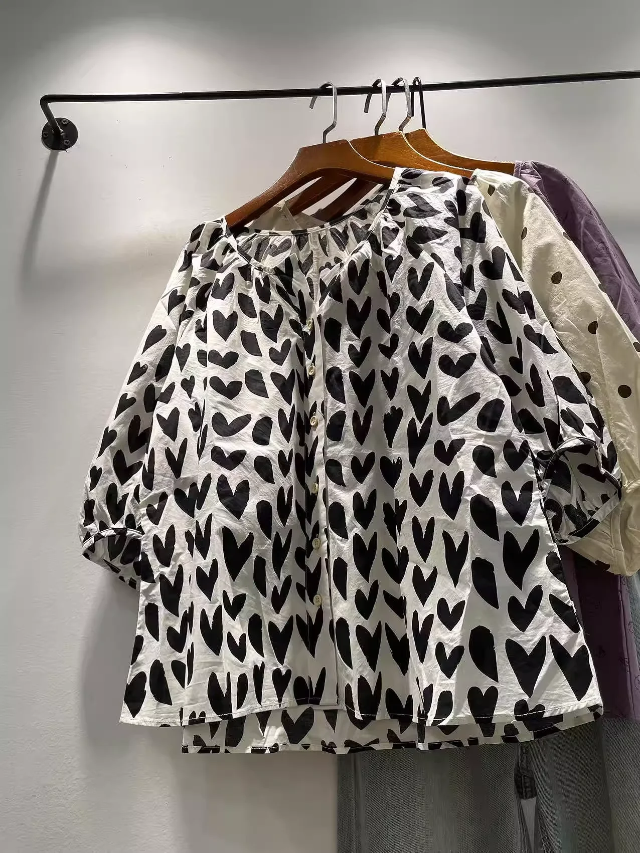 

2025 Harajuku fashion 100% cotton black heart-shaped print shirts and blouses women's cotton shirt chic women blouse