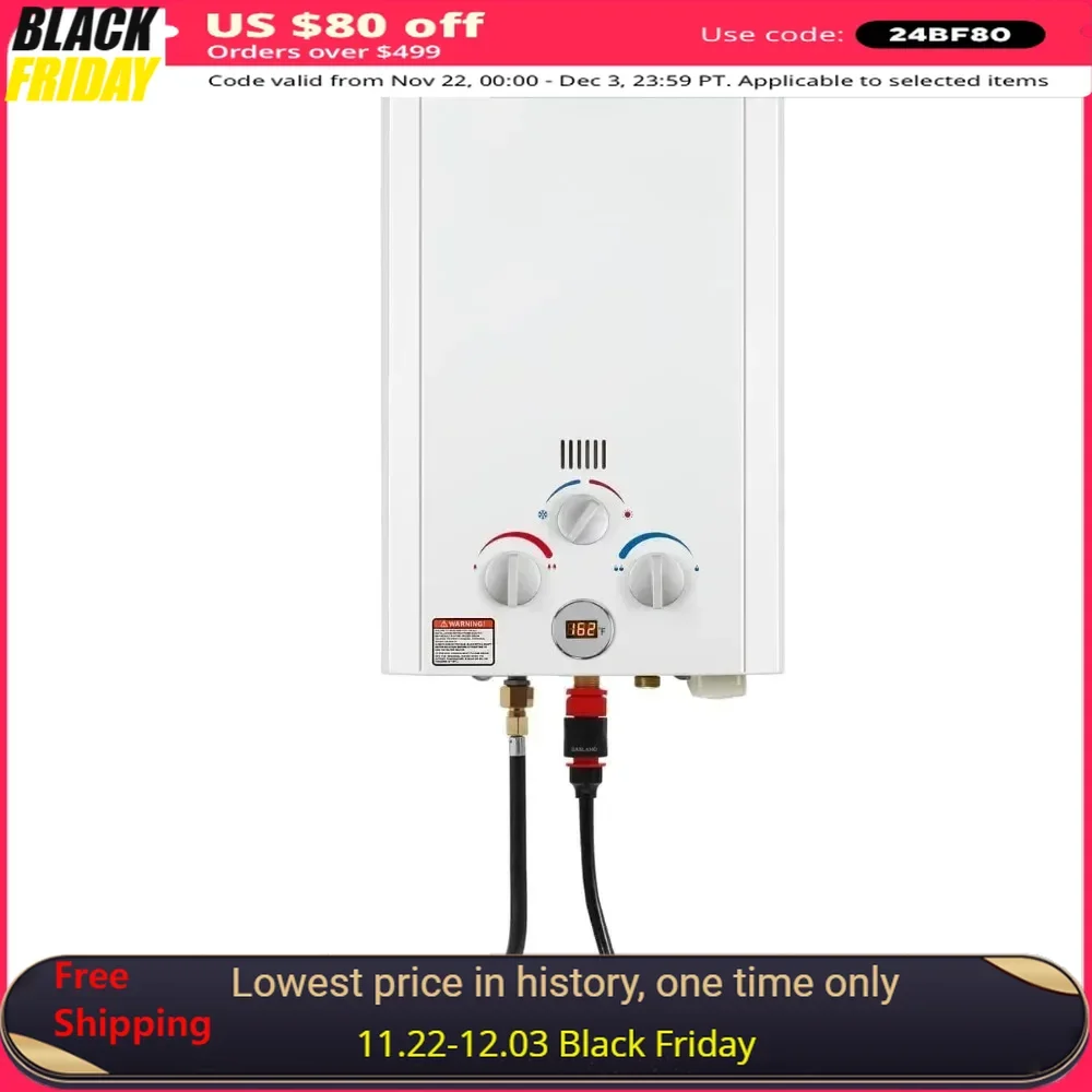 Tankless Water Heater, 6L 1.58GPM Portable Gas, Overheating Protect & Easy to Install, Demand Water Heaters