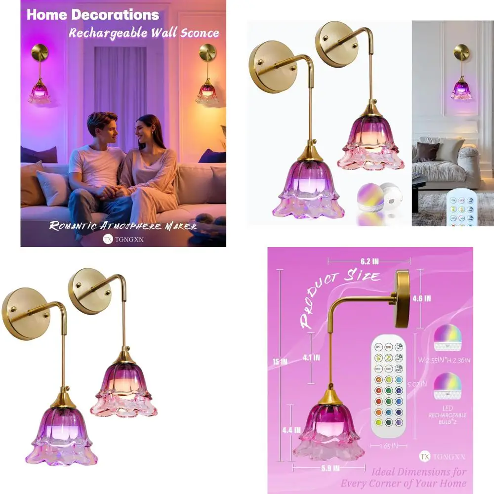 

Set of 2 Vintage-Style Purple Flower Battery Wall Sconces, Remote Control RGB, Dimmable for Home Decor & Gifts