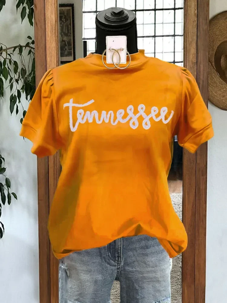 

Tennessee Thread Embroidered Puff Sleeve Casual Top Woman T-Shirts