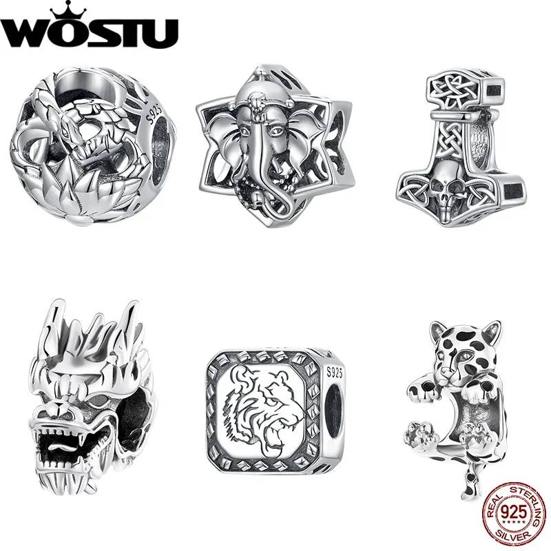 WOSTU 925 Sterling Silver Viper Lotus Dragon Tiger Charms Elephant God Hammer Beads Fit Original Bracelet for Women Lucky Gift