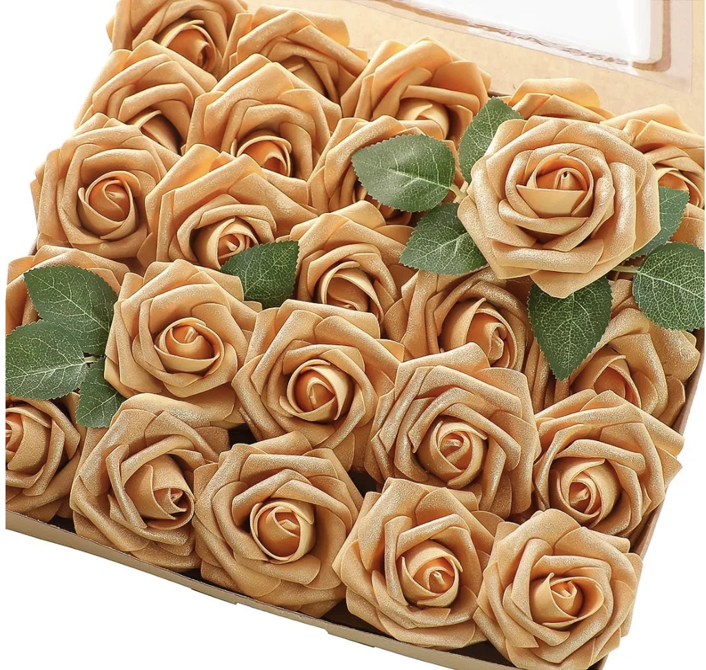 Artificial Flowers 25pcs Real Looking Gold Foam Fake Roses with Stems for DIY Wedding Bouquets Bridal Shower Centerpieces Party