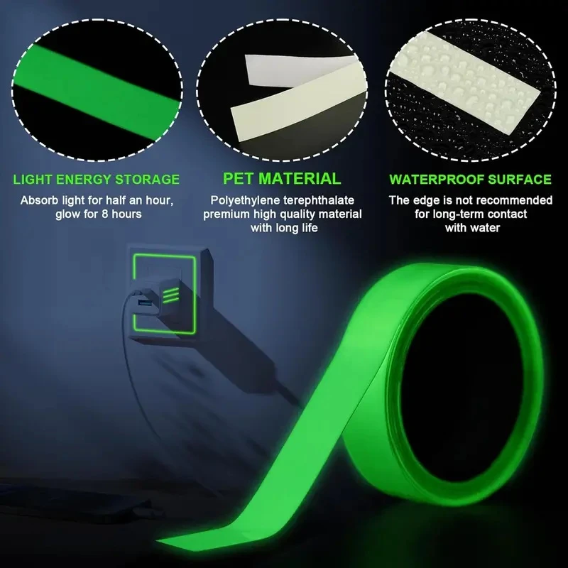 3M Waterproof Luminous Glow Tape, Self Adhesive Fluorescent Night Marker Sticker, Anti-slip Safety Strip for Stair Floor Escape
