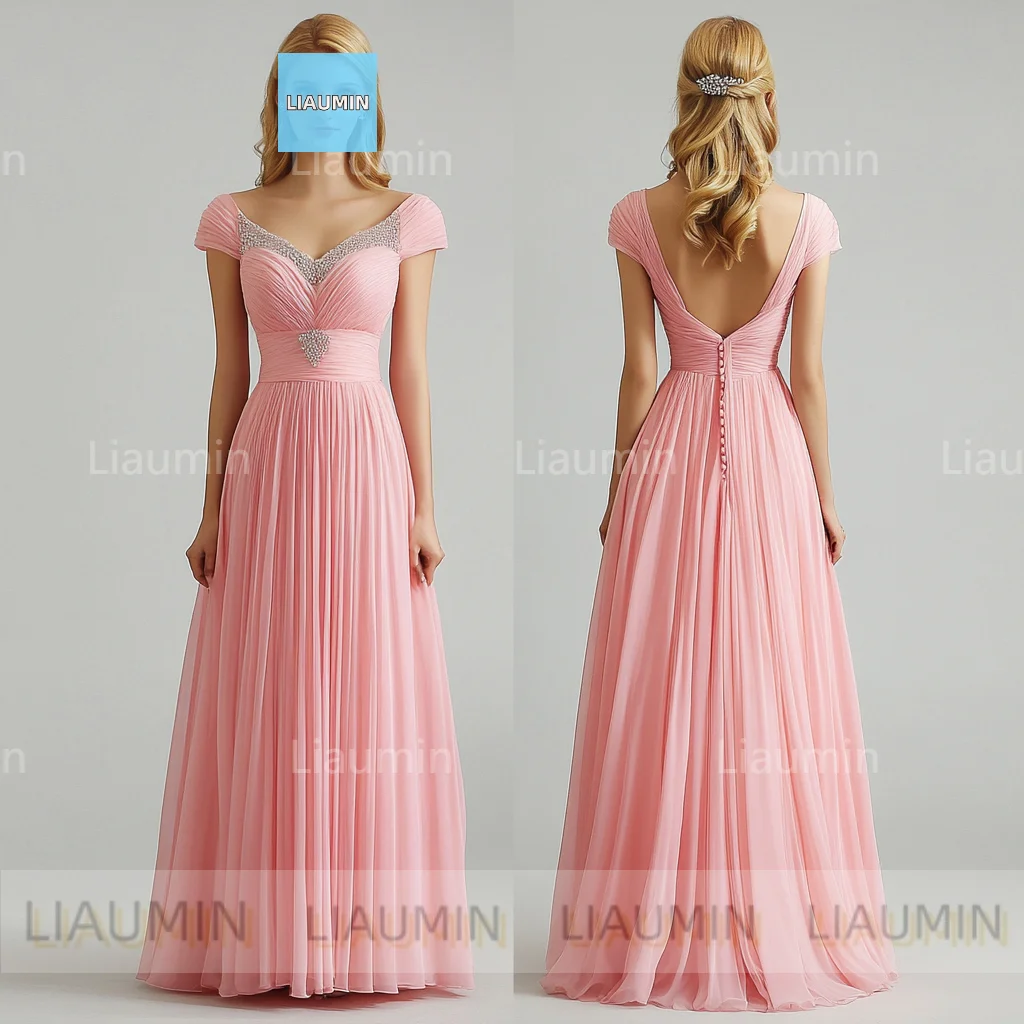 Classic A Line Pink Chiffon Floor Length Lace-up Back Prom Formal Wedding Dresses Evening Bridesmaid Clothing Custom Made C-2