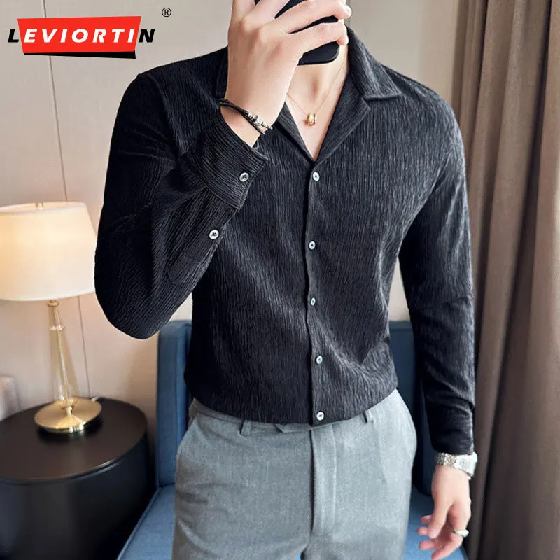 Spring/Autumn New men personalized pleated Cuban collar long sleeved shirt with large lapel and draped pit stripe pleated shirt