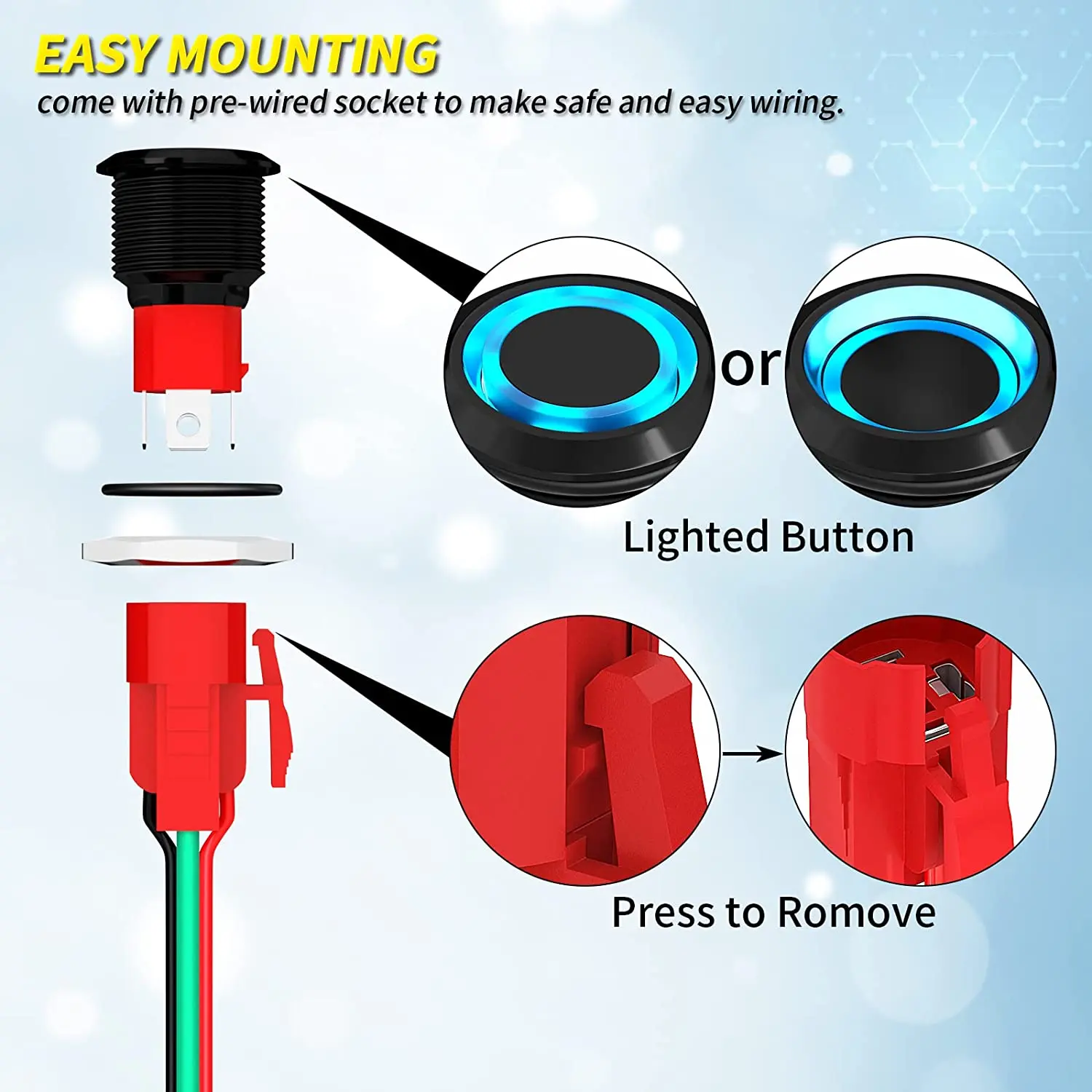 20A 12V Push Button Switch Latching 19MM Pushbutton Switch with 12V Blue LED Waterproof ON Off Switch 20 Amp Heavy Duty for Car