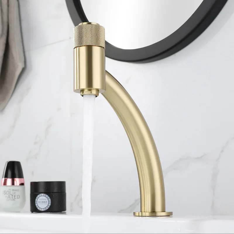 New Bathroom Brush Gold Cold And Hot Water Mixer Sink with Push Button Switch Deck Mounted Tap