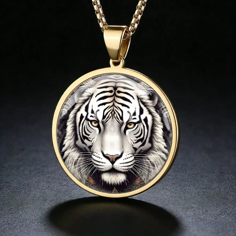 Women Y-Shaped Necklace Domineering White Tiger Stainless Steel Pendant Personalized  Animal Totem Necklace Retro Fashion Accessories Anti-Rust Jewelry Gift