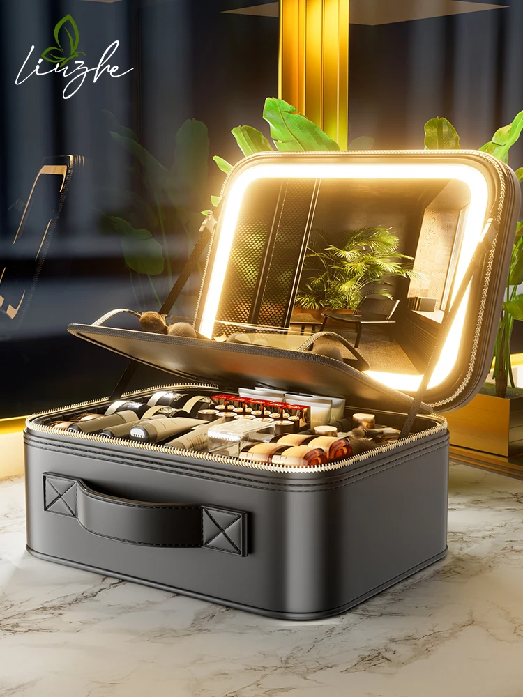 

High-End Waterproof Travel eup Bag with Mirror Portable Women's Large Capaci Skin Care Bru Case Retro Sle PU Leather