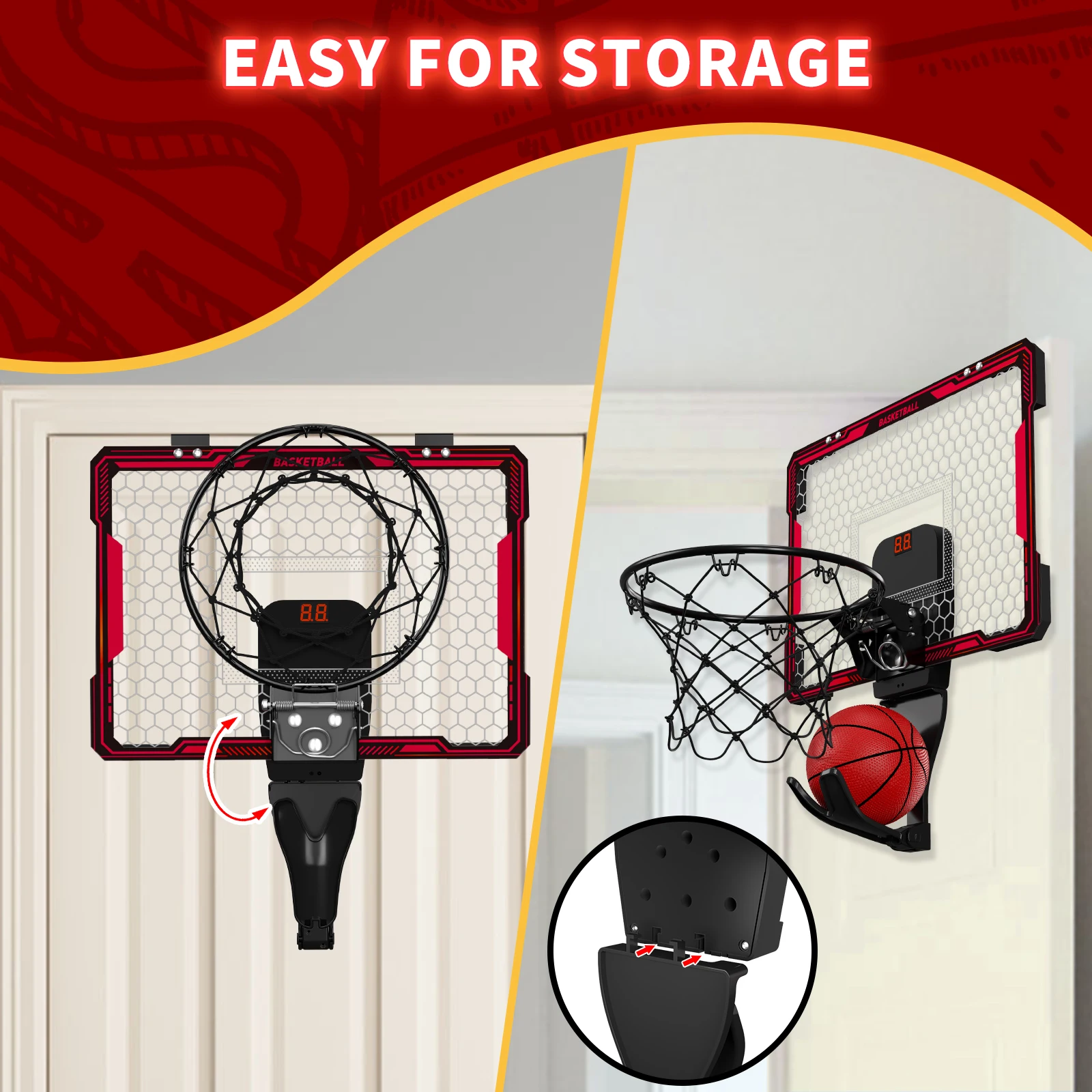 Remote Control Mini Basketball Hoop with Electronic Scoreboard 3 Modes, Foldable Basketball Hoop, Basketball Toys Gift for Kids