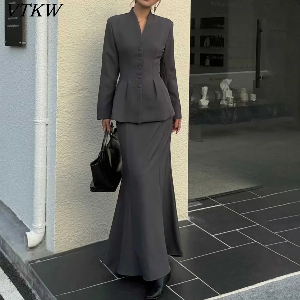 

VTKW Woman's Blazer V-neck Single-button Waist-hugging Solid-color Design 2025 Spring Style Loose Long Midi Skirt Two-piece Set