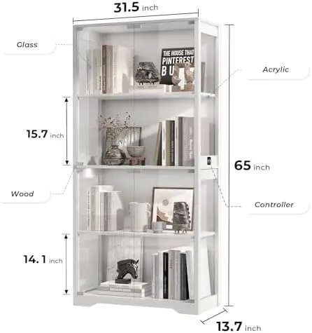 Display Cabinet with Glass Doors, 4-Tier Curio Cabinet with 3 Color Lights for Collectibles, Glass Display Case with