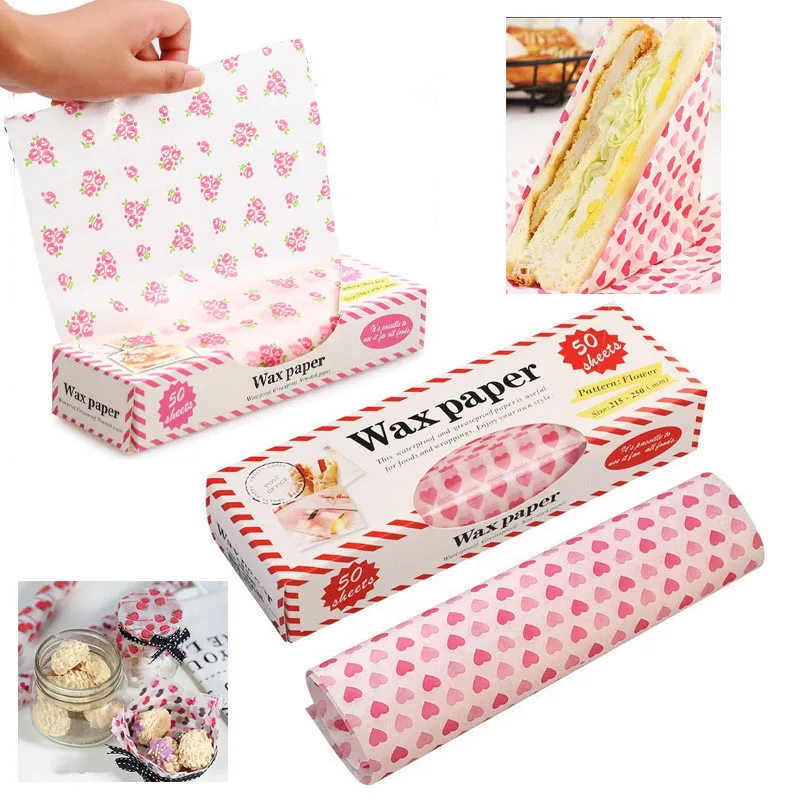 Wax Paper for Sandwiches and Bakery with Heart and Flower Patterns Decorative Food Wrapping Paper for Baking and Packaging