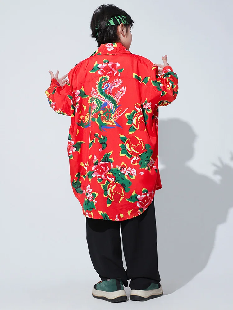 Girls Hip Hop Dance Costume Kids Jazz Street Dance Peony print Red Shirt Pants/Short for Festival Stage Boys Red Clothing