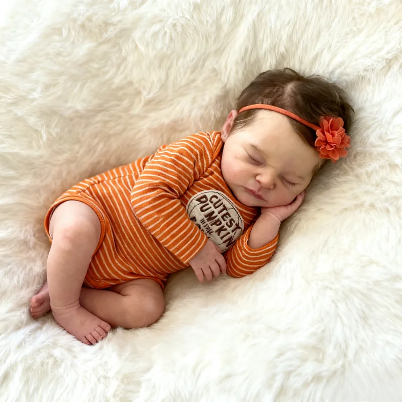 20 Inch Sleepy Baby Reborn Doll Simulated Infant Toy with Orange Stripes Onesie Children's Soothing Doll Holiday Gift