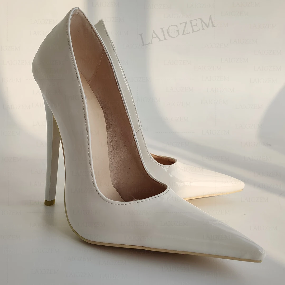 LAIGZEM Women Pumps Shiny Pointed Toe 14-16CM Thin Stiletto High Heels Sandals Wedding Party Shoes Woman Plus Size 38 43 45 46