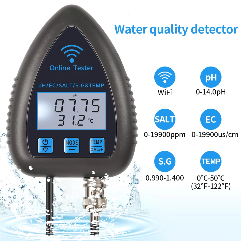 Tuya WiFi 5 in 1 Water Quality Monitor TDS/EC/SALT PH S.G.TEMP Multi-function Bluetooth Water Analyzer for Aquariums Aquaculture