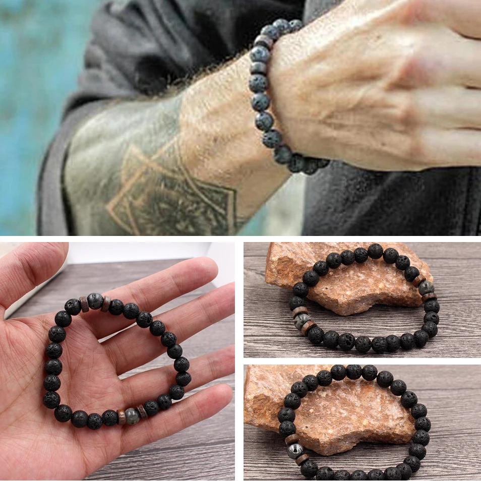 Fashion Natural Lava Stone Wooden Beads Energy Yogi Elastic Stand Bracelet Bangle For Men Accessorie Jewelry Valentine Gift