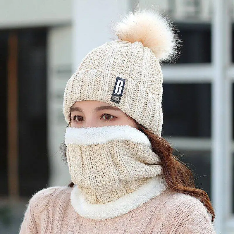 Women Winter Scarf Hat Set Knitted Plush Inside Keep Warm Solid Pompoms Cap Female Beanies And Scarves