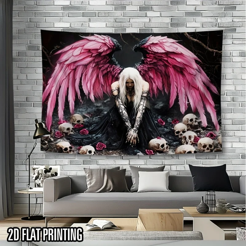 VIKAMA Fallen Angel Skeleton Tapestry, Pink-Winged Reaper Backdrop, Dark-Themed Bedroom Decor, Gothic-Style Wall Hanging