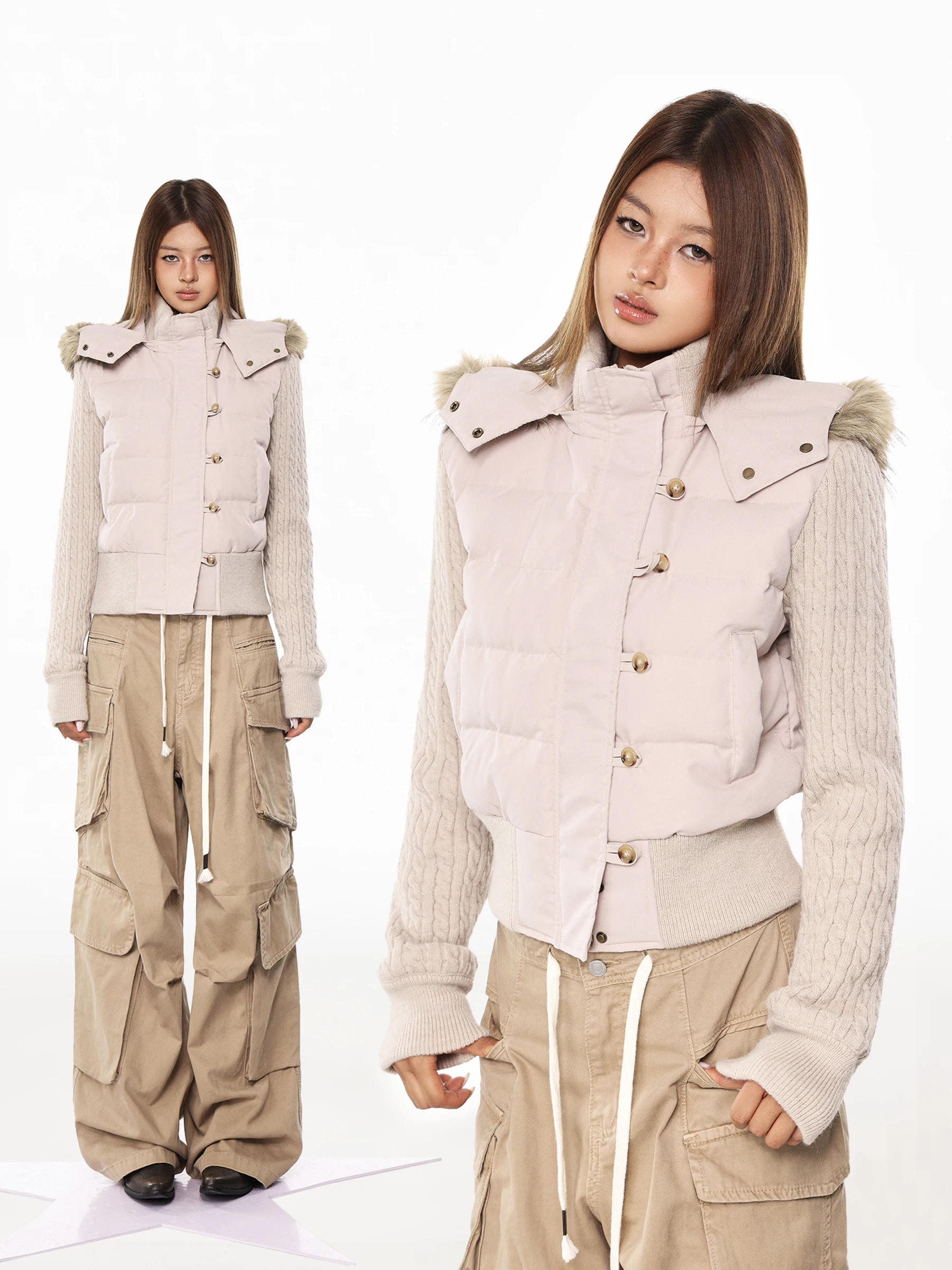 

Вязаное хлопковое пальто с меховым воротником и капюшоном для женщин, зимняя куртка приталенного кроя, повседневная одежда для города