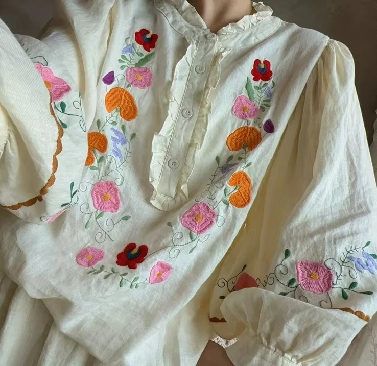 

114cm Bust Spring Fall 100%Linen Shirts Tops Women French Elegant Luxury Embroidery Lantern Sleeve Casual Loose Vintage Shirts