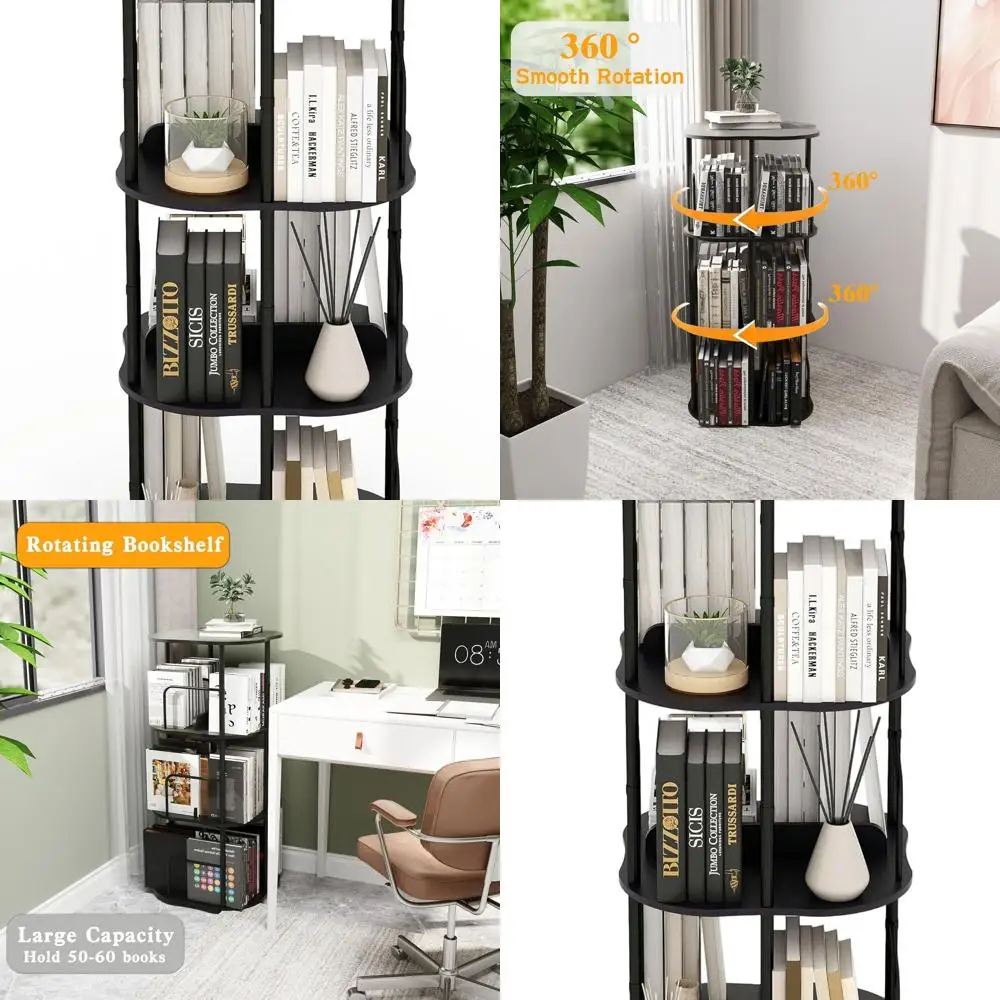 

3-Tier Rotating Bookshelf, 360 ° Display Stackable Spinning Bookshelf Tower, Narrow Space Saving Tall Floor Standing Swivel Book