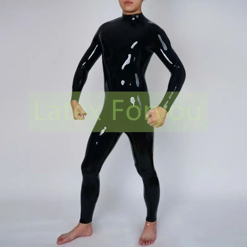 Handgefertigter schwarzer Latex-Muskel-Catsuit für Herren mit Halsausschnitt, klassischer Gummi-Bodysuit, Cosplay-Leotard, Jumpsuit, maßgeschneidertes Kostüm