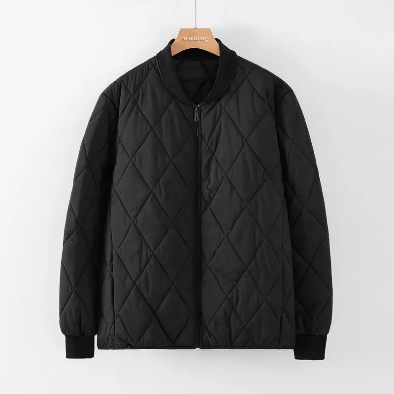 Men Baseball Collar Diamond Quilted Padded Jacket Zip Up Loose Plus Size Warm Cotton Coat Dad Casual Autumn Winter Outerwear