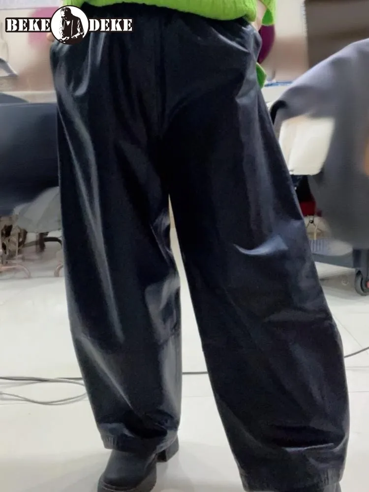 Streetwear Style Pocket Elastic Waist Ladies Handmade Genuine Leather Pants Solid Color Sheepskin Loose Wide Leg Trousers