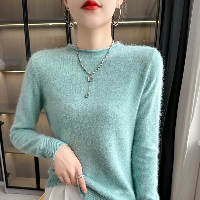 Women\'s pullover autumn/winter 100% cashmere sweater casual solid knit sweater half turtleneck fit Tops all-match basic Blouse