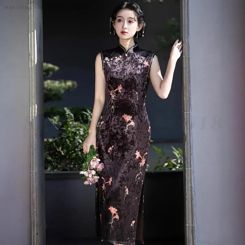 

Sleeveless Velvet Long Qipao Vintage Printed Cheongsam New Chinese Style Traditional Dress Evening Party Elegant Gown Vestidos