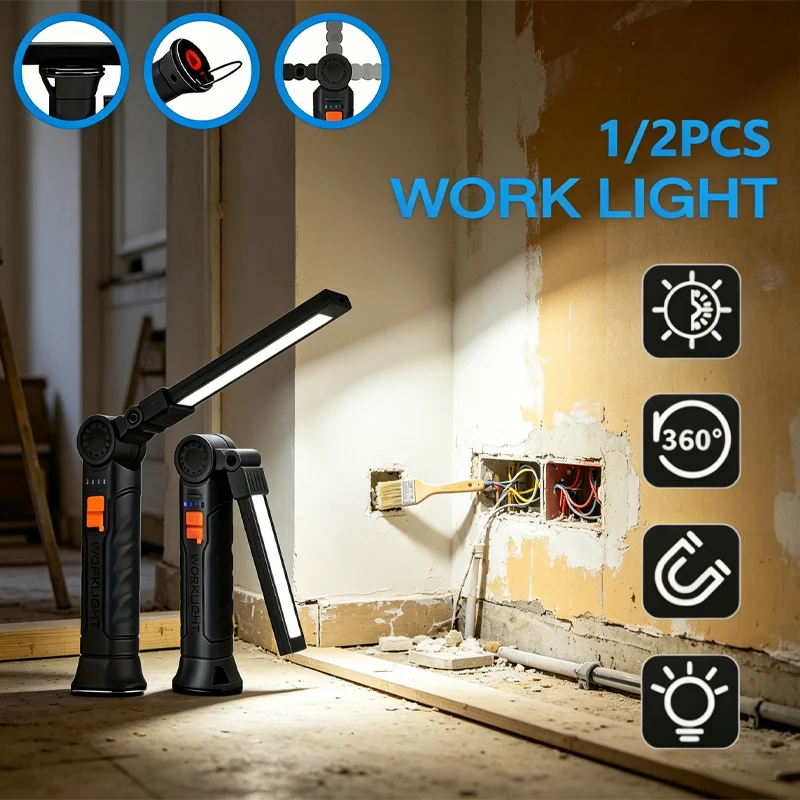 New Portable COB LED Flashlight Rechargeable Work Light with Magnetic Lanterna Hanging Lamp with Built-in Battery Camping Torch