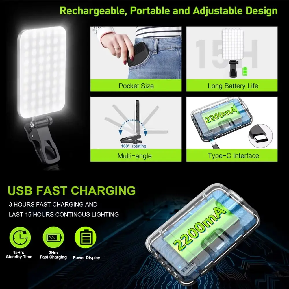 Universal 60 LED LED Selfie Light 2200mAh Clip Cell Phone Fill Light 3 Light Modes Adjustable Photography Camera Video Light