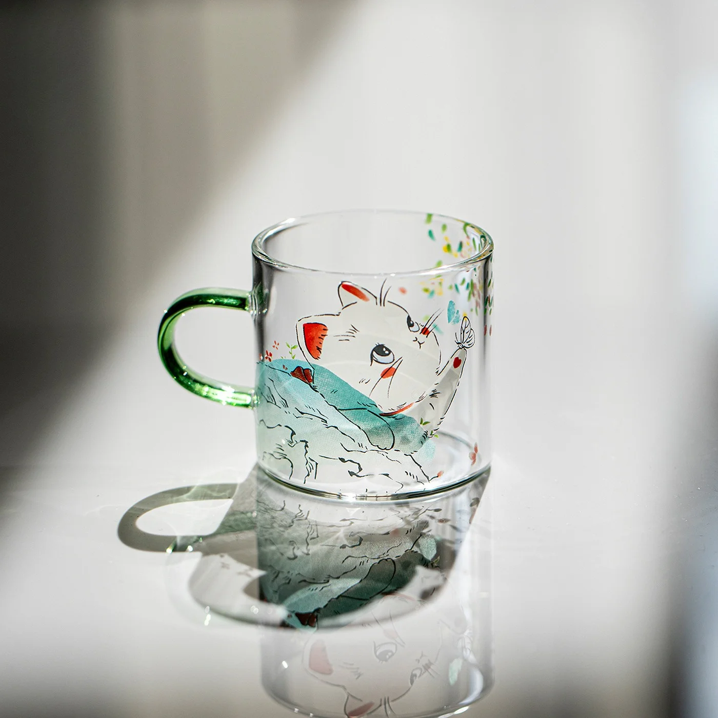 Rui‑li Handle Glass Teacup, Japanese‑Style Kitten Heat‑Resistant Single Small Cup for Afternoon Tea & Scented Tea Drinking
