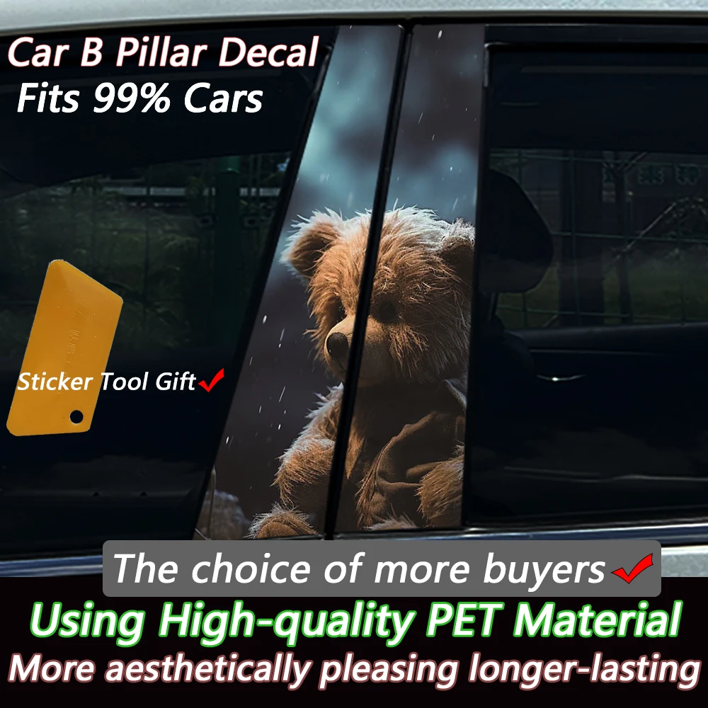 2PCS Cute Rainy Teddy Bear Car B-pillar Sticker 3D Perspective Window Decal Waterproof UV-resistant PVC Auto Styling Decor