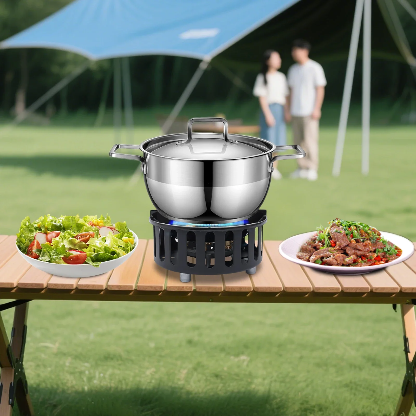 Tragbarer Camping-Gaskocher 21000W Tragbarer Campingkocher Windgeschützter Campingkocher mit Adapter für Outdoor-Picknick und Trekking 23,5 x 11,5 cm