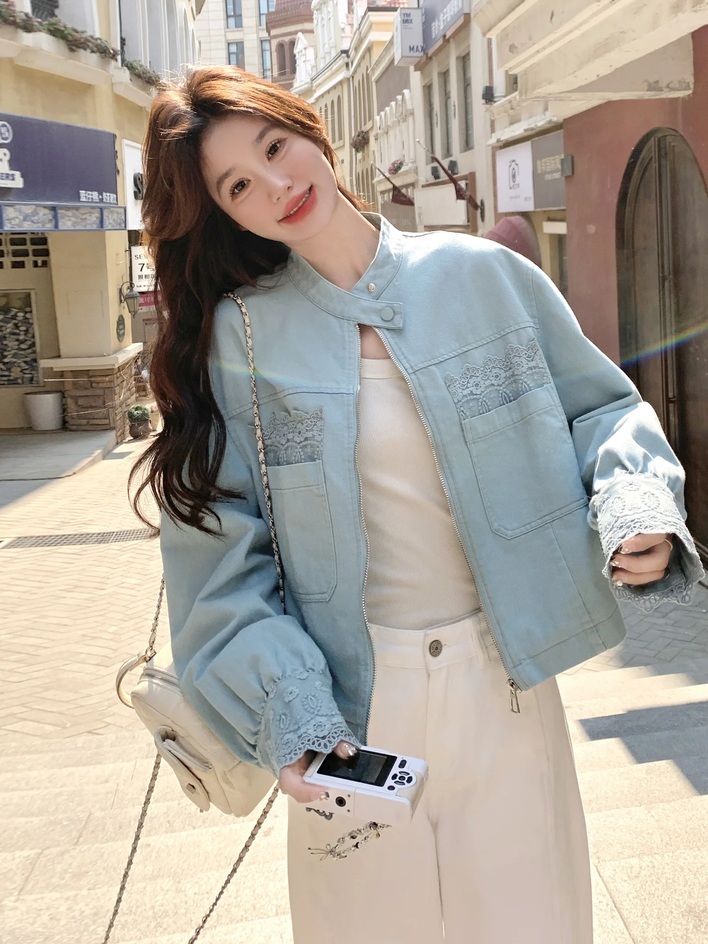 

Light Blue Embroidered Casual Jaet Women's Faionable Ele Design Breathable Loose Fit Long Sve Zipper Closure Coat