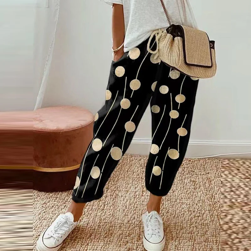 Ethnic Retro Print Women Mid-waist Ankle Length Pant Summer Cotton Linen Pocket Straight Trousers Lady Casual Drawstring Overall