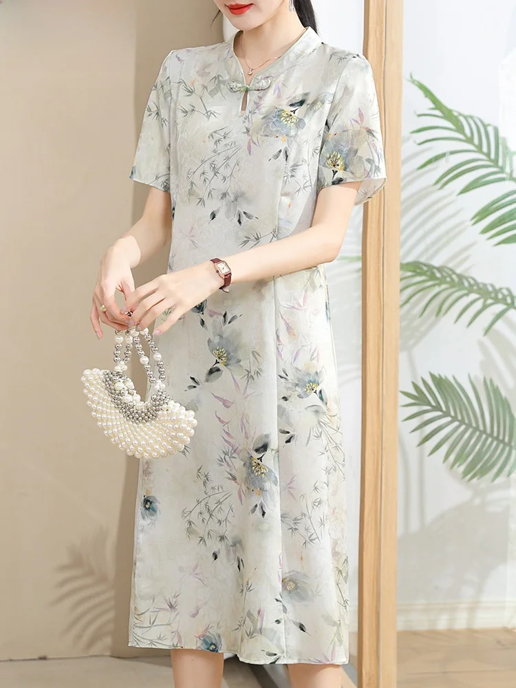 

Новая летняя модная одежда в стиле чиноизери для мам: короткий рукав, свободный крой, миди-платье для женщин среднего и старшего возраста.